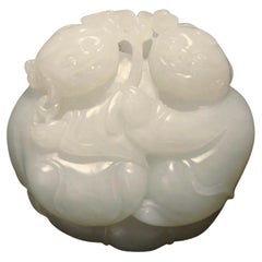 Hetian White Jade Boy & Girl Lotus Leaf Motif Pendant