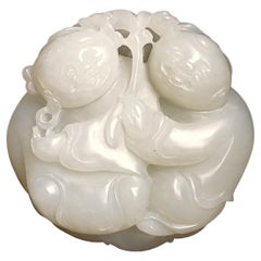 Hetian White Jade Boy & Girl Lotus Leaf Motif Pendant