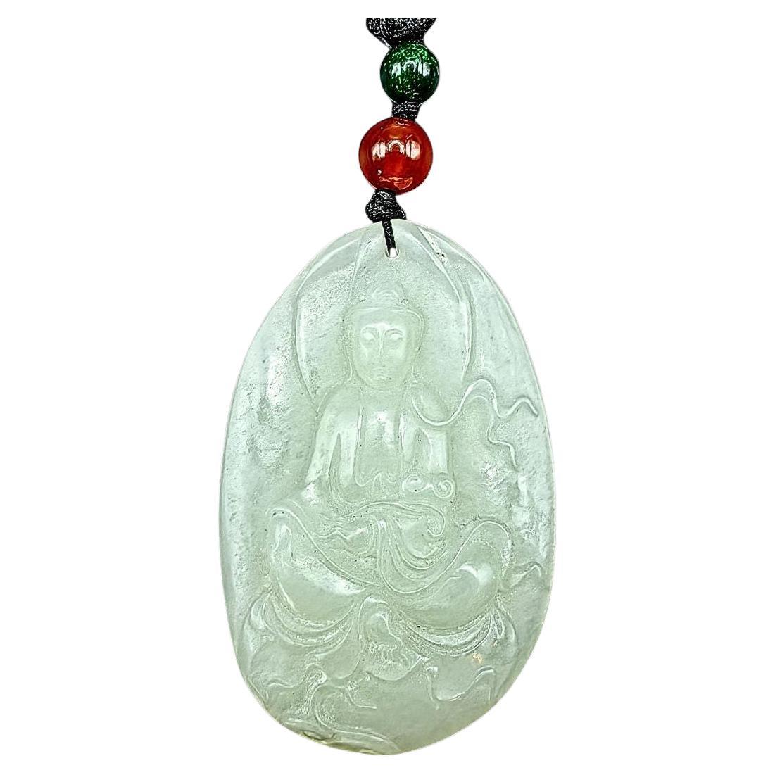 Ciondolo di giada bianca Hetian 和田白玉 Dea della Misericordia Guanyin con accenti di giada e agata