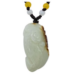 Hetian White Jade Goldfish 
Bat Good Luck Pendant with Russet on Beaded Cord