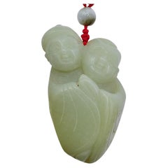 Hetian White Jade Harmony Twin Immortals Hehe Erxian Ornament with Red Silk Cord