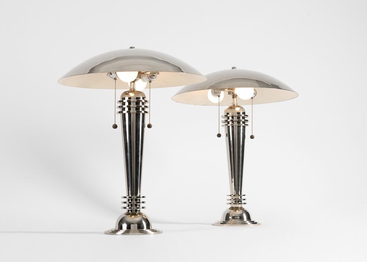 Hetti, Pair of Art Deco Polished Nickel Table Lamps In Good Condition For Sale In New York, NY