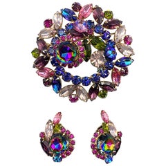 Hettie Carnegie 1950s Large Pink, Purple, Blue & Green Brooch & Earrings Set