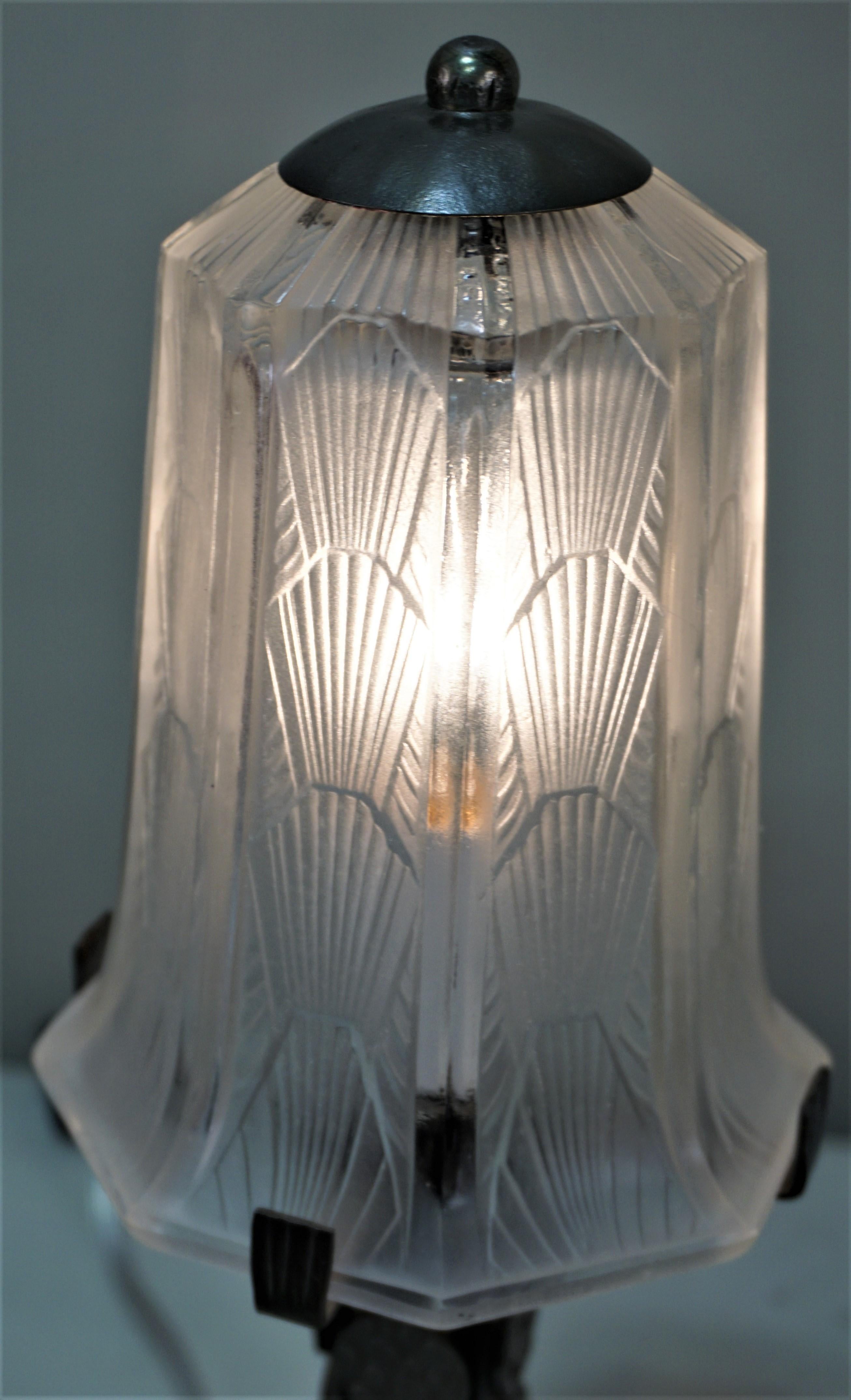 French Art Deco glass table lamp with handmade iron base.