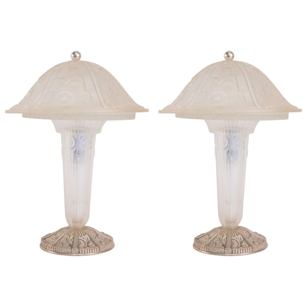 Hettier Vincent Pair of Glass Table Lamps For Sale