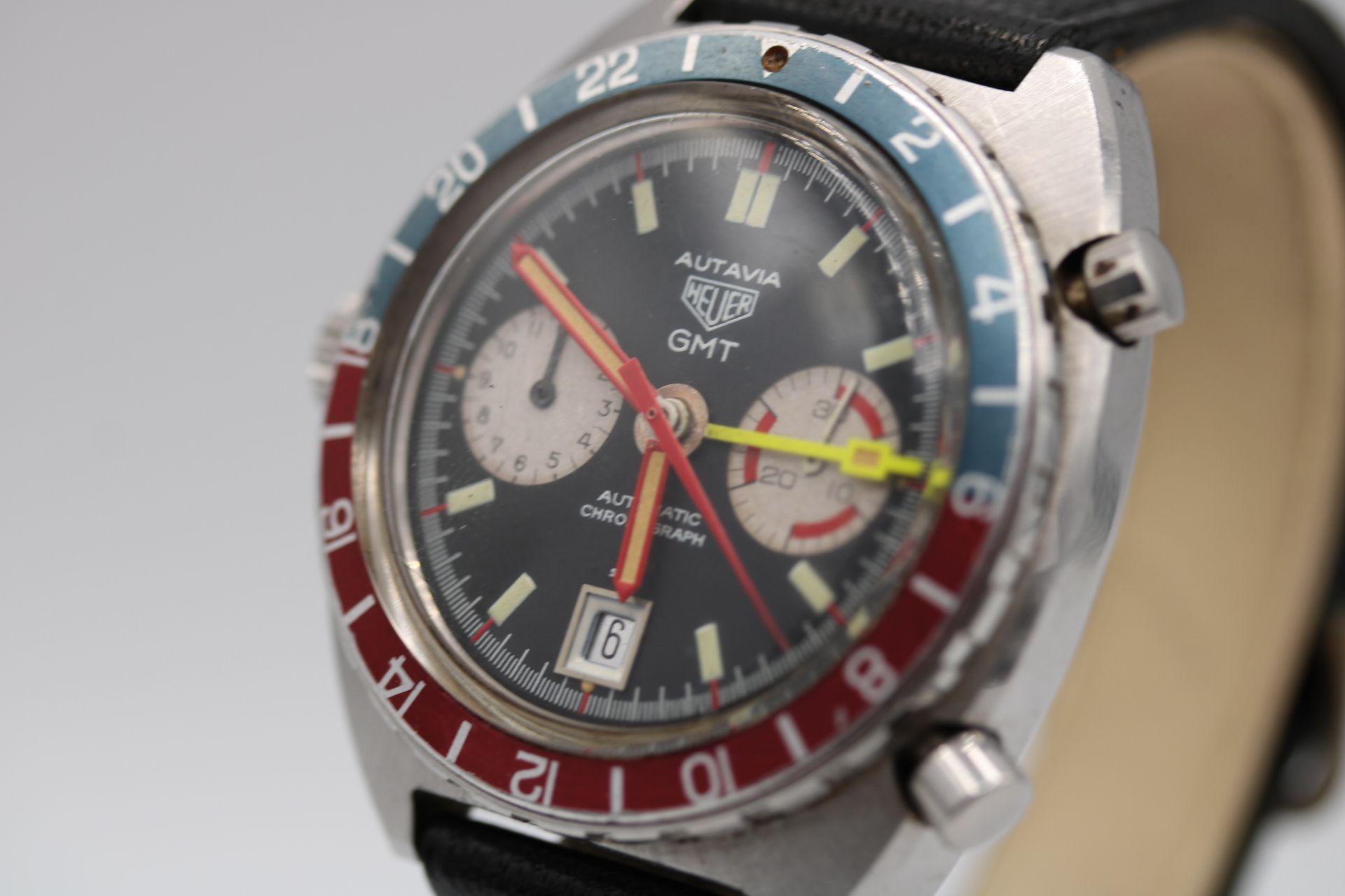 We are fortunate to be able to offer this stunning original Heuer Autavia GMT. A piece that will take centre stage!

It goes without saying a much sought after piece. This particular Heuer was purchased from the original owners family appearing not