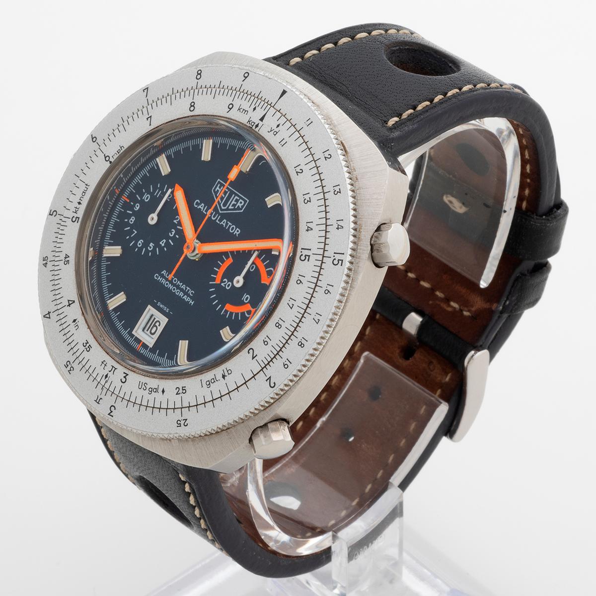 Cronógrafo Calculadora Heuer ref 110.633. Caja de 45 mm, acero inoxidable, c 1975 en Excelente estado para la venta en Canterbury, England