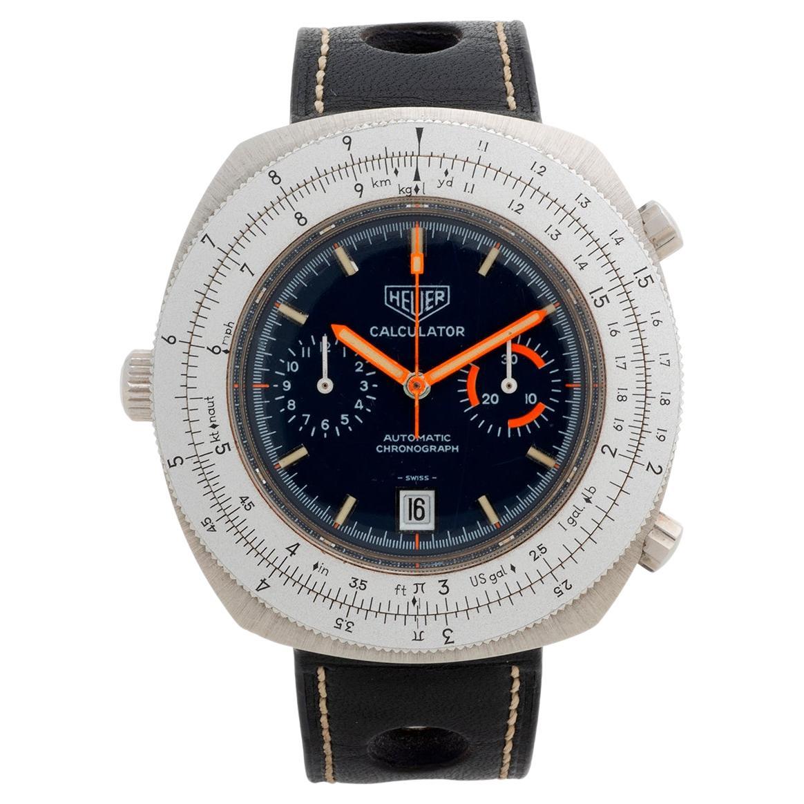 Cronógrafo Calculadora Heuer ref 110.633. Caja de 45 mm, acero inoxidable, c 1975 en venta