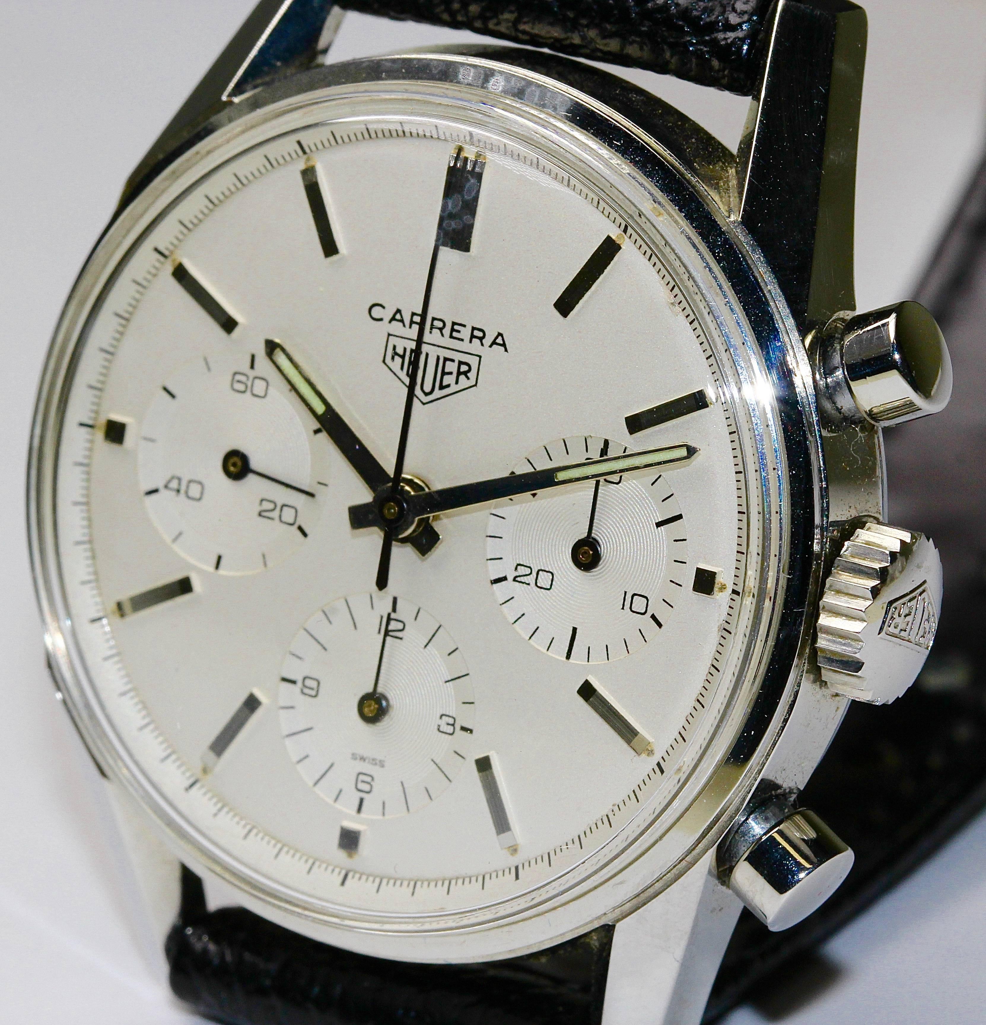 Extremely rare HEUER Carrera Eggshell Chronograph. Ref. 2447s. 
A similar watch was auctioned a few months ago at Phillips for 30,000, - CHF.
Absolute collector's item. From first owner. For condition please take the photos. Watch can be raised and
