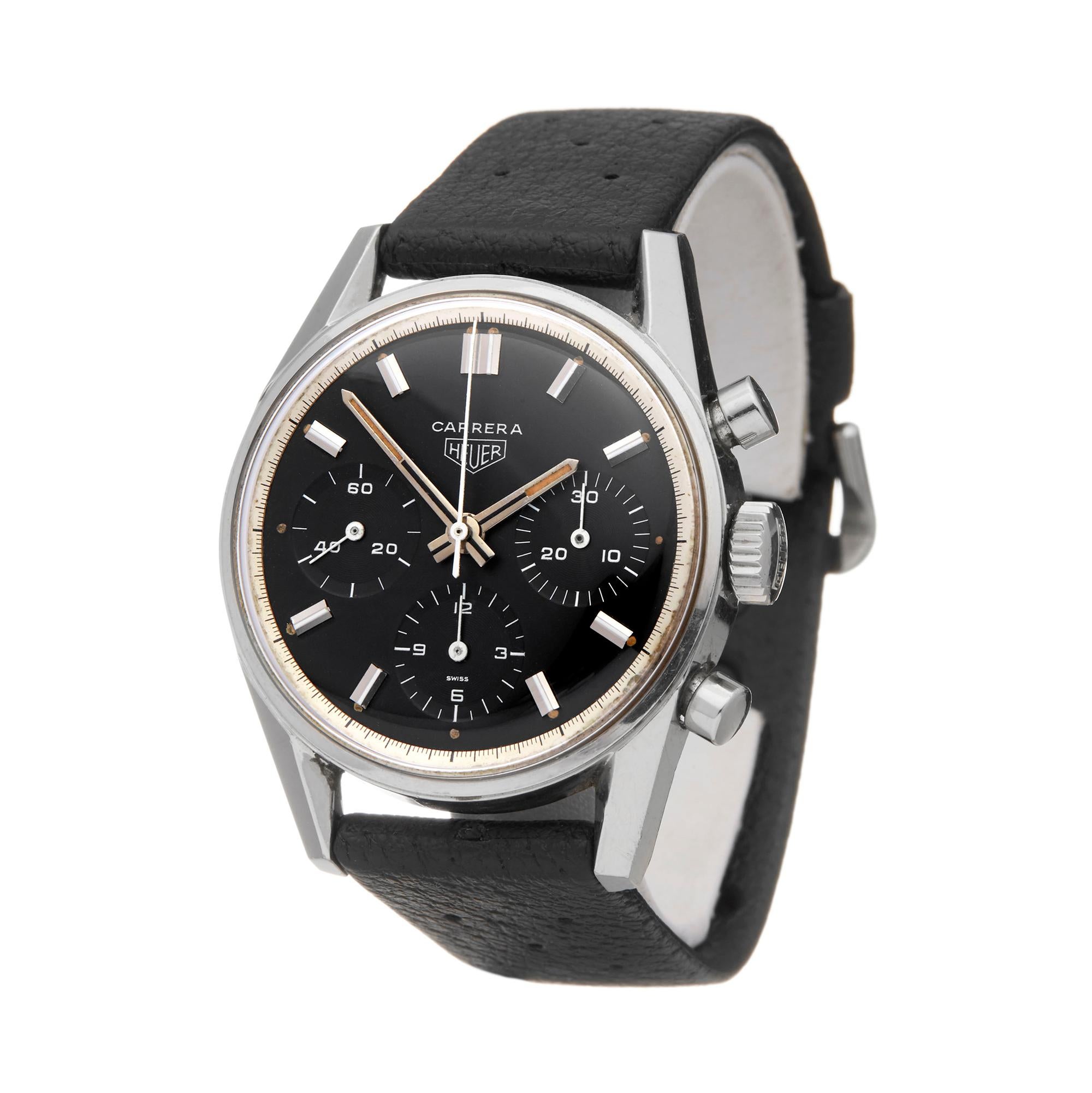 Ref: W5908
Manufacturer: Heuer
Model: Carrera
Model Ref: 2447
Age: Circa 1960's
Gender: Mens
Complete With: Presentation Box
Dial: Black Baton
Glass: Plexiglass
Movement: Mechanical Wind
Water Resistance: To Manufacturers Specifications
Case: