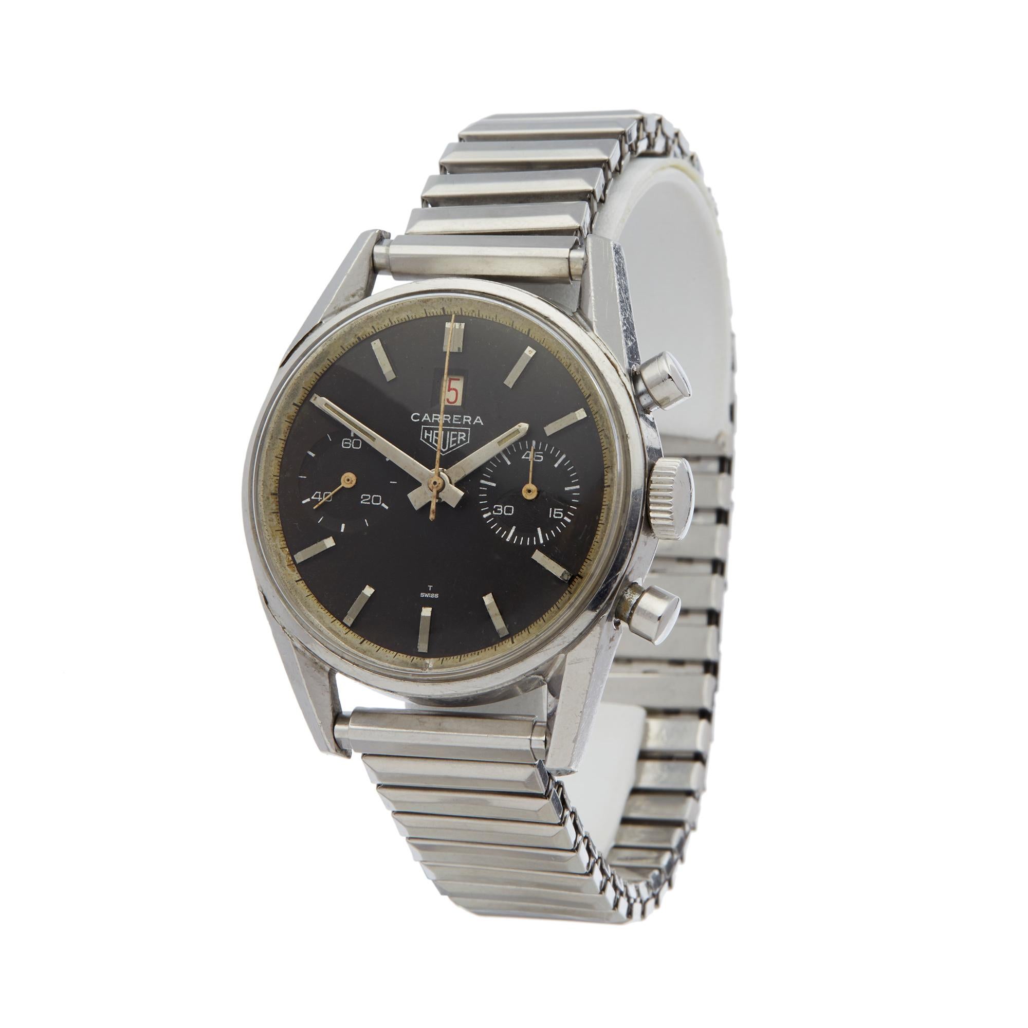 Reference: COM1886
Manufacturer: Heuer
Model: Carrera
Model Reference: 3147 N
Age: Circa 1960's
Gender: Men's
Box and Papers: Presentation Box
Dial: Black Baton
Glass: Plexiglass
Movement: Mechanical Wind
Water Resistance: Not Recommended for Use in