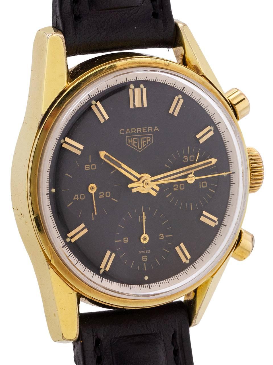 
Heuer Carrera ref. 2448, circa 1960’s. 3 register manual wind chronograph in a gold plated case. This is a very rare variant of the more commonly found (but still rare) reference 2447 in stainless steel. It  features a 36mm case with screw down