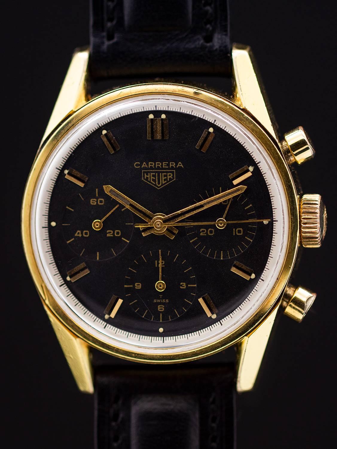 Men's Heuer Carrera Yellow Gold Manual Wind Wristwatch Ref 2448, circa 1960s