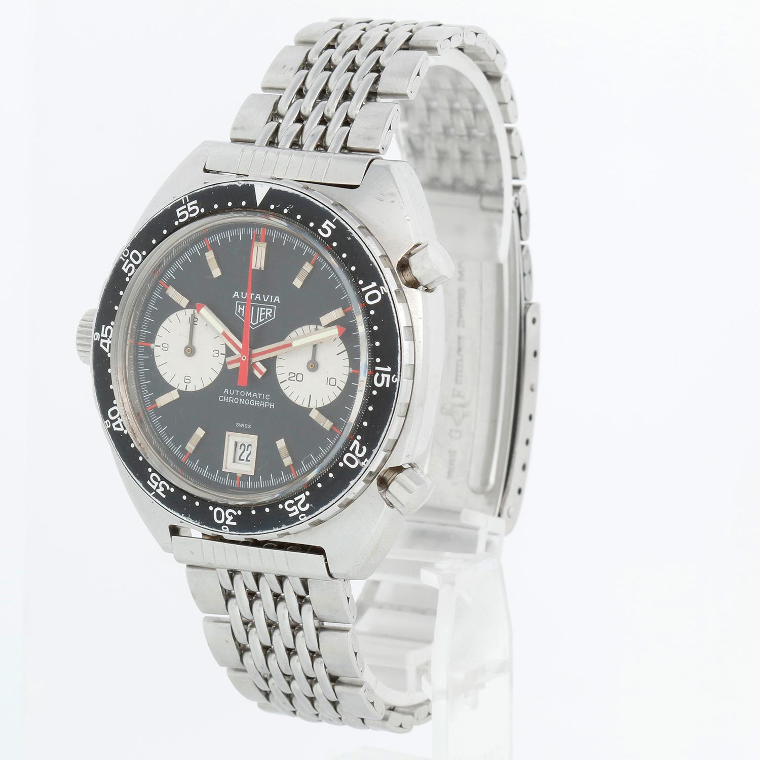 Heuer „Derek Bell“ Autavia Edelstahl Herrenuhr Ref 1163 MH, Autavia  Vintage 1970's - Buren Kaliber 11 Handaufzug Chronograph mit Datum... Gehäuse aus rostfreiem Stahl (42.5 mm Durchmesser). Schwarzes Zifferblatt mit 3-6-9-12 auf dem Stundenzähler,