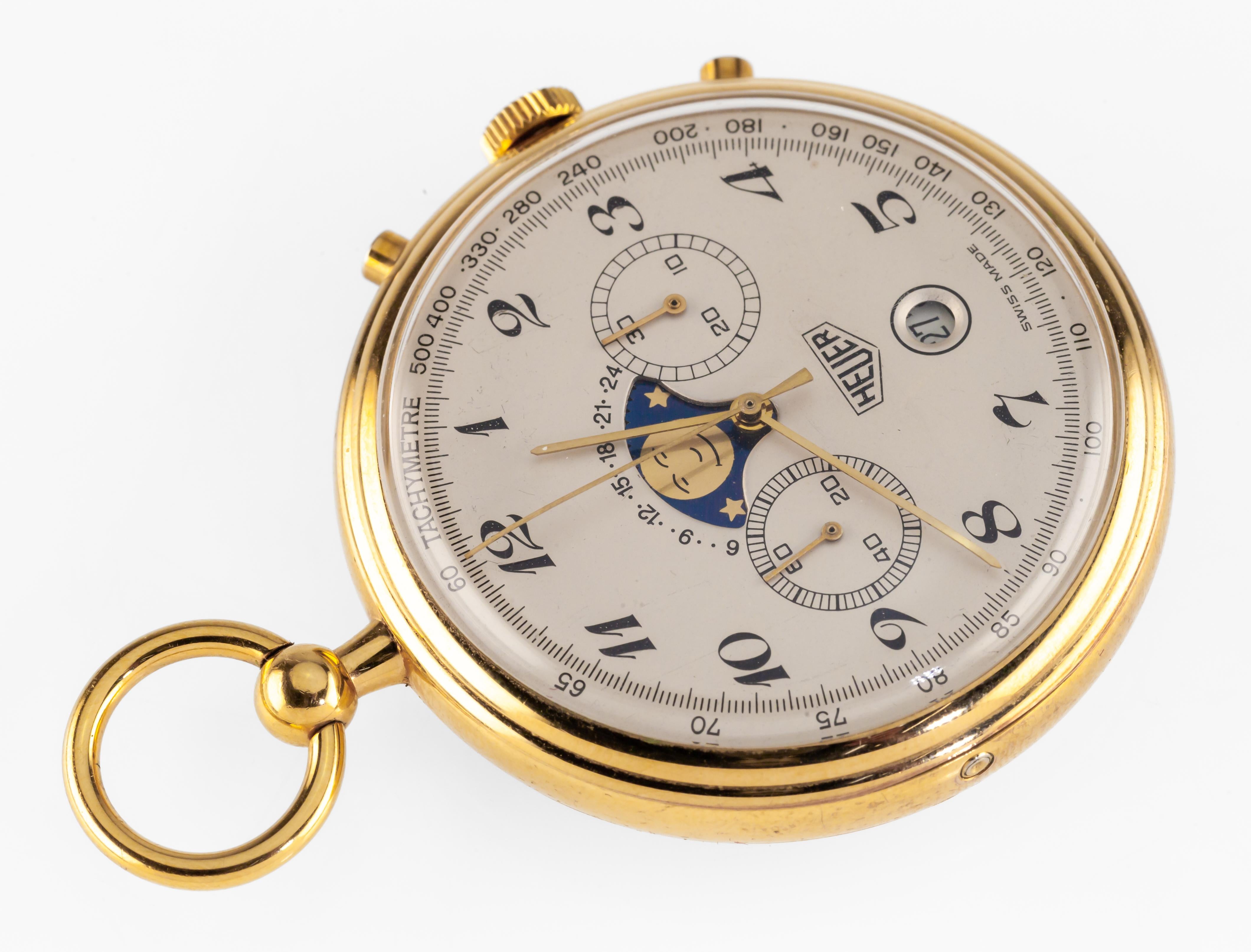 Heuer Moonphase placcato oro Orologio da tasca placcato oro con scatola e documenti in vendita 1