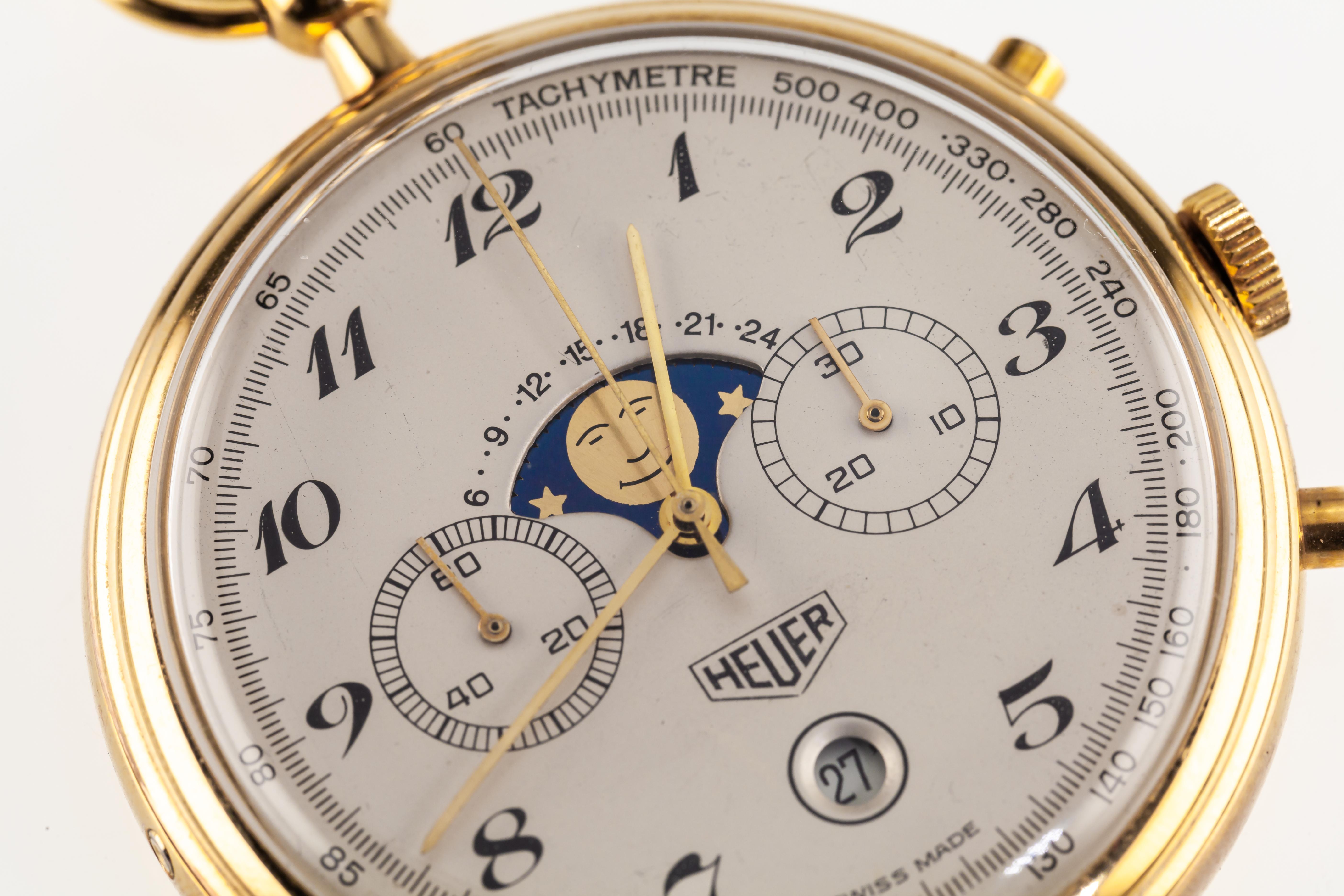 Heuer Moonphase placcato oro Orologio da tasca placcato oro con scatola e documenti in vendita 3