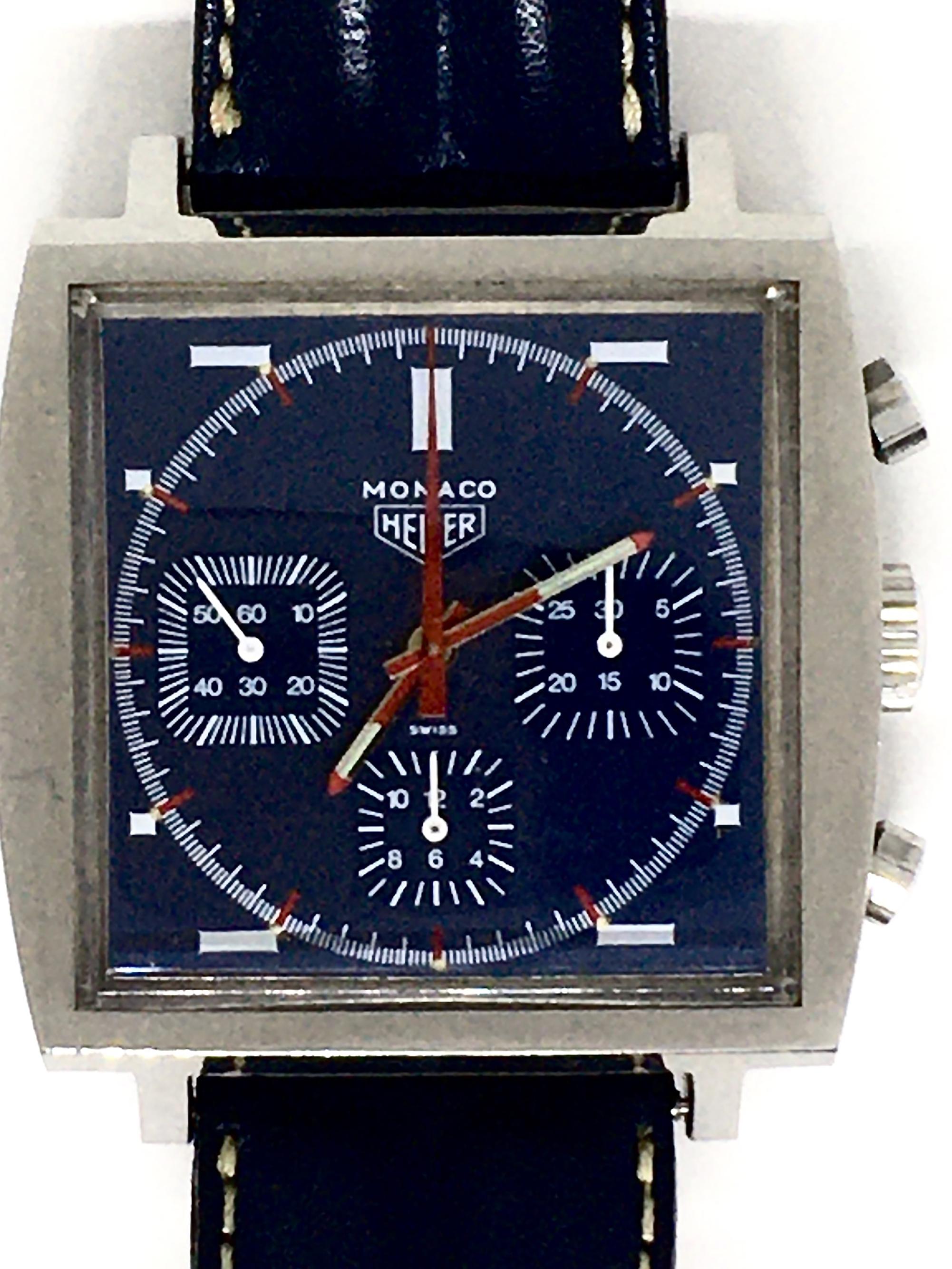 rare and new stock Heuer Monaco ref 73633B circa 1970
Steel/ Leather strap buckle Heuer
Original case blue dial...