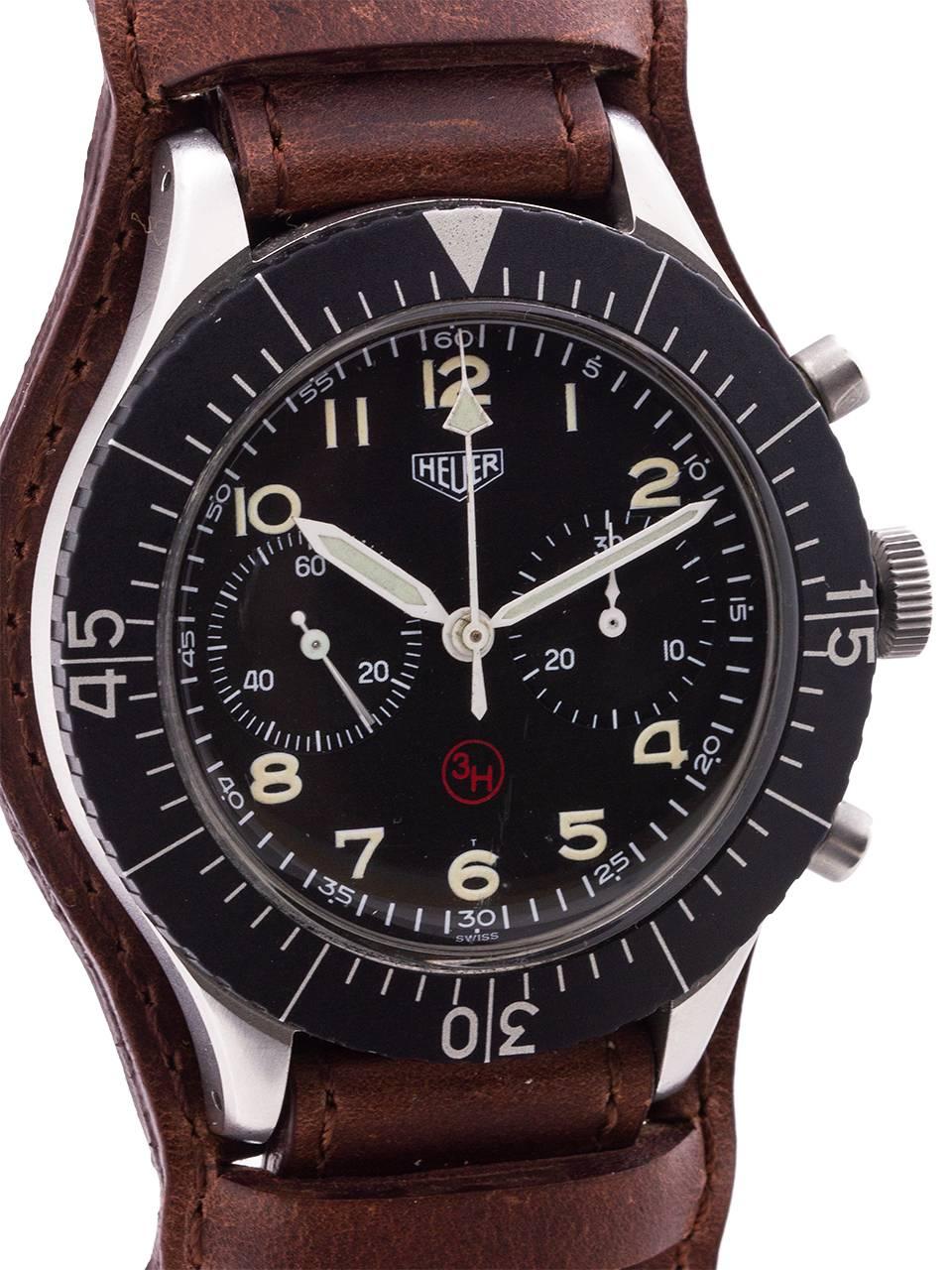 Heuer stainless steel Bundeswehr Flyback Chronograph manual Wristwatch, c1960 In Excellent Condition In West Hollywood, CA