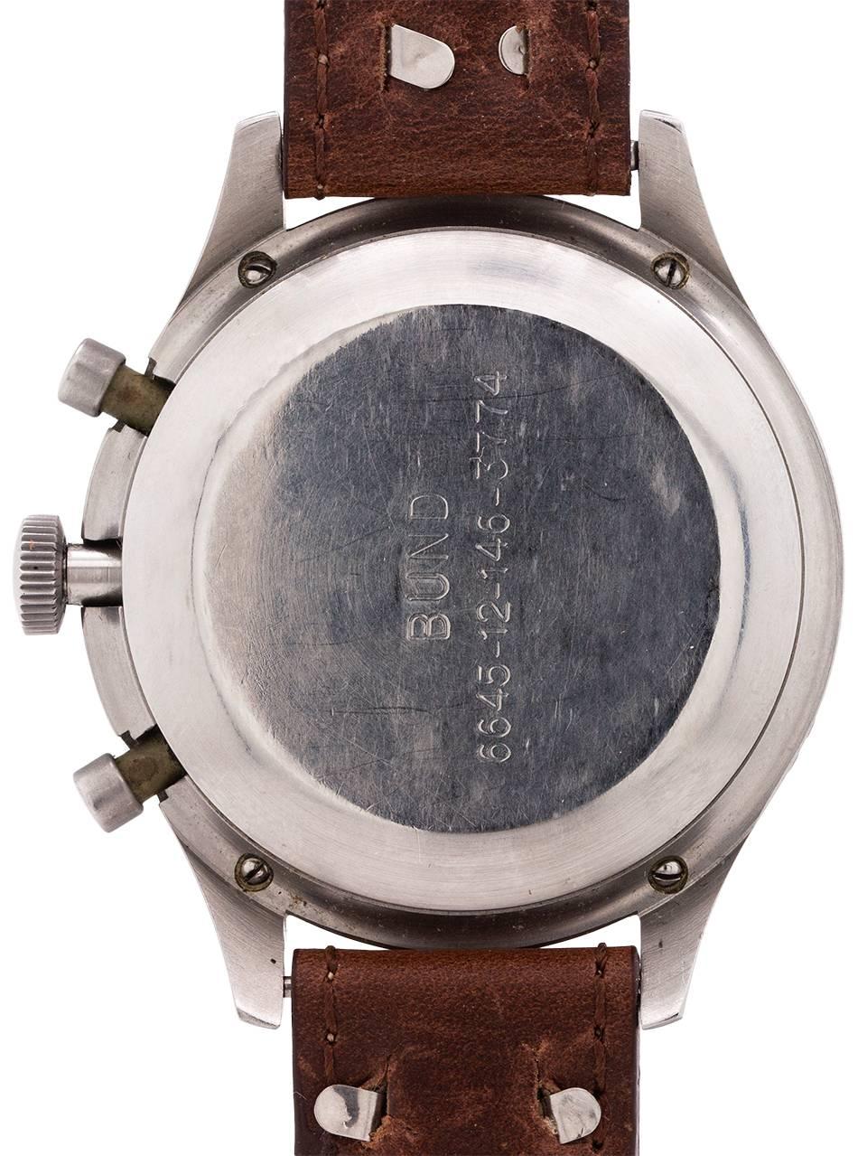 Men's Heuer stainless steel Bundeswehr Flyback Chronograph manual Wristwatch, c1960