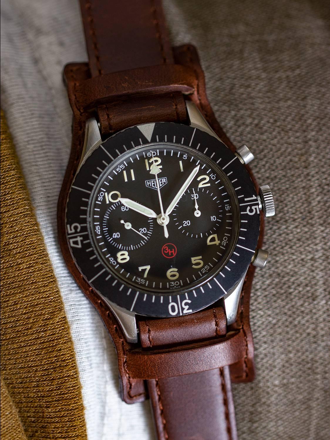 Heuer stainless steel Bundeswehr Flyback Chronograph manual Wristwatch, c1960 1