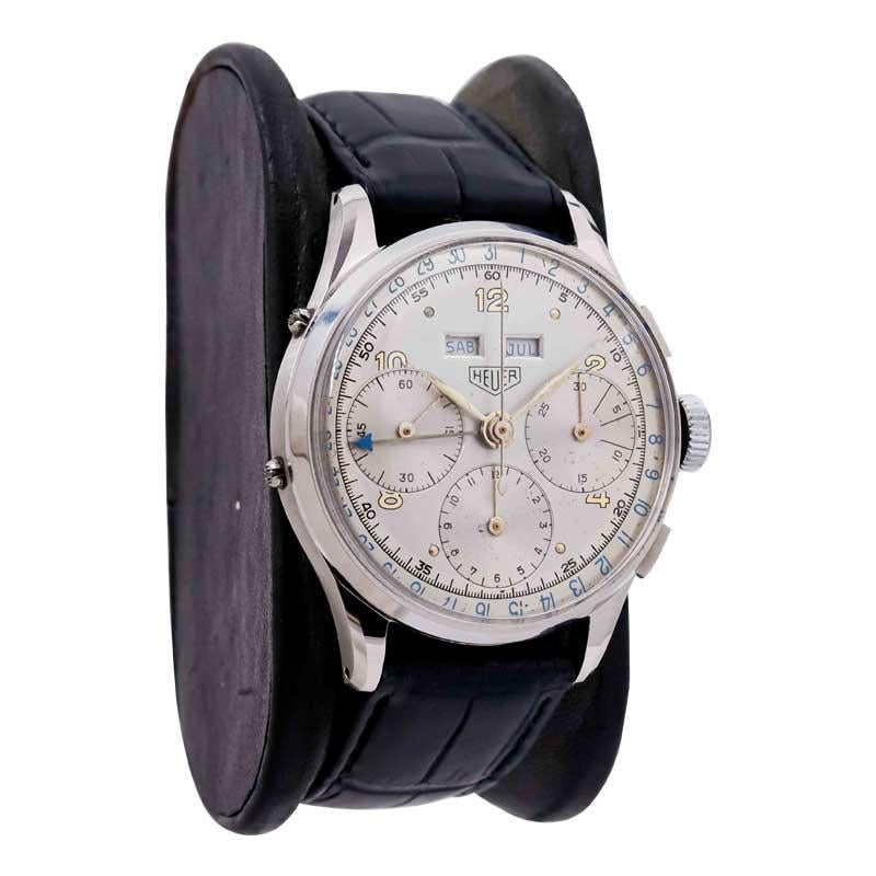 FACTORY / HOUSE: Heuer Watch Company
STYLE / REFERENCE: Art Deco Chronograph
METAL / MATERIAL: Stainless Steel
DIMENSIONS:  Length 42mm  X Diameter 36mm
CIRCA: 1940's
MOVEMENT / CALIBER: Manual Winding / 17 Jewels / Valjoux Caliber
DIAL / HANDS:
