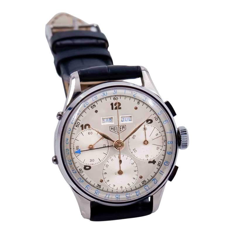 Montre-bracelet chronographe Heuer triple date en acier inoxydable avec cadran d'origine Unisexe en vente