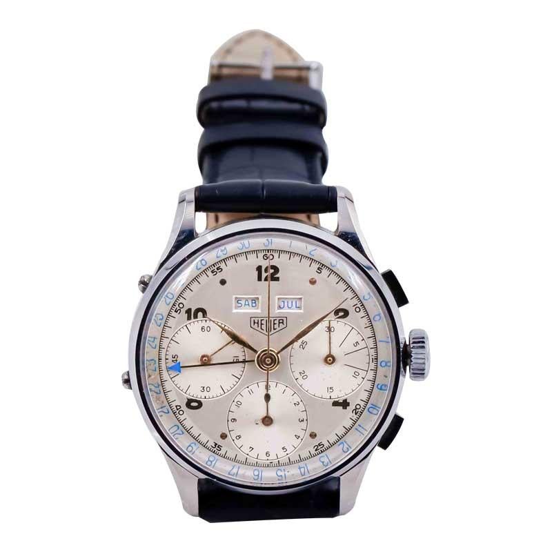 Art Deco Heuer Stainless Steel Original Dial Triple Date Chronograph Wristwatch For Sale