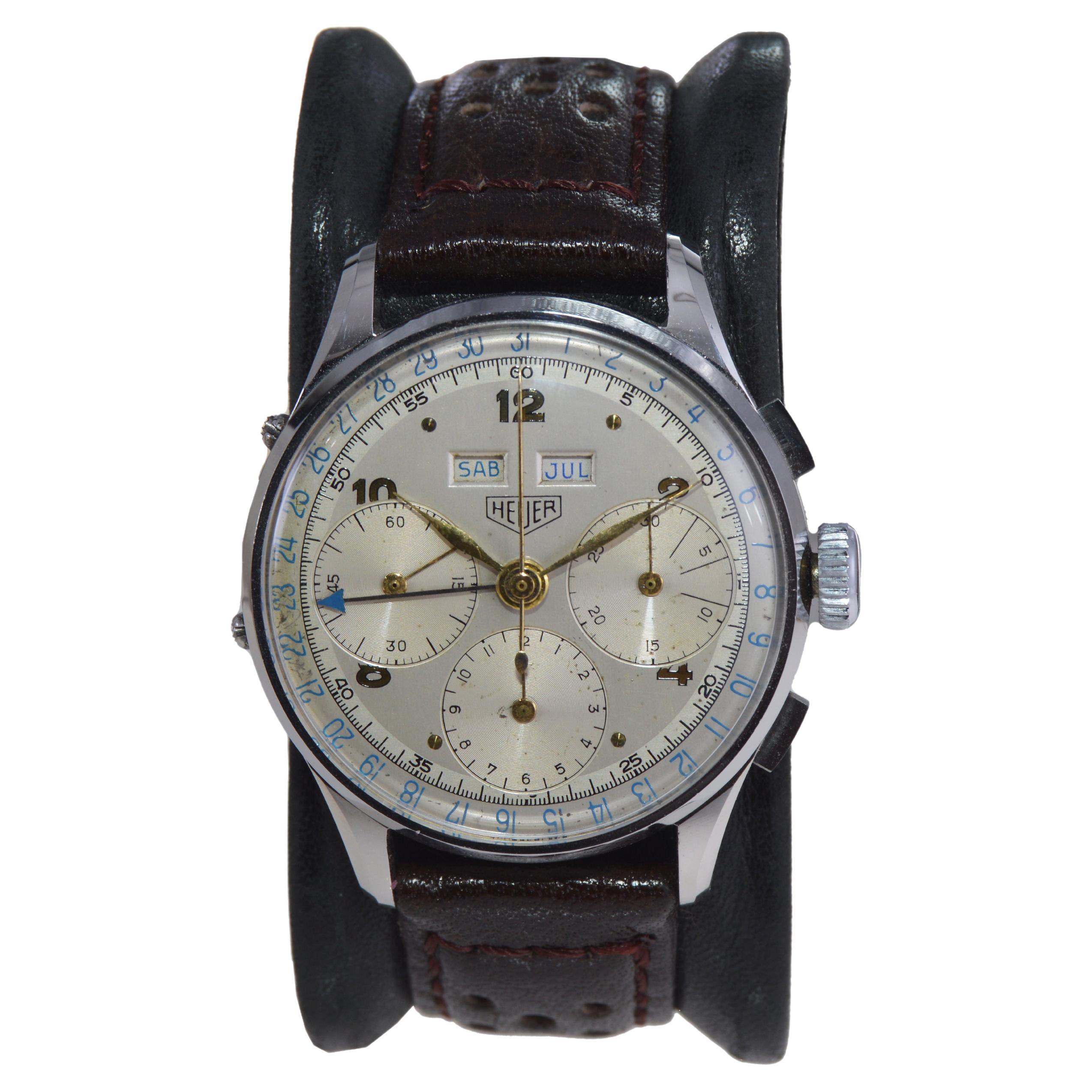 Vintage Heuer Triple Date Chronograph Stainless Steel Watch, 1940s at