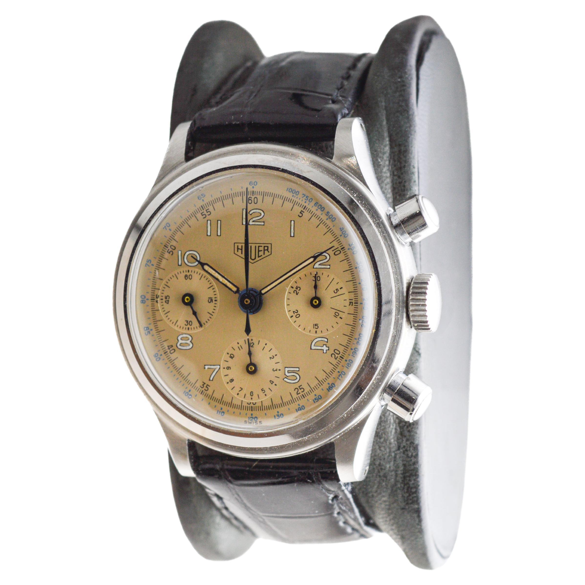 Montre chronographe manuelle Heuer en acier inoxydable étanche à trois registres Unisexe en vente