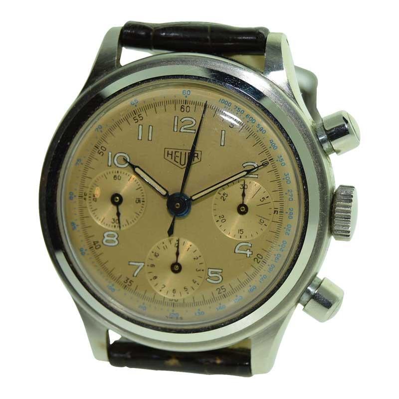 Heuer Stainless Steel Waterproof Three Register Chronograph Manual Watch In Excellent Condition In Long Beach, CA