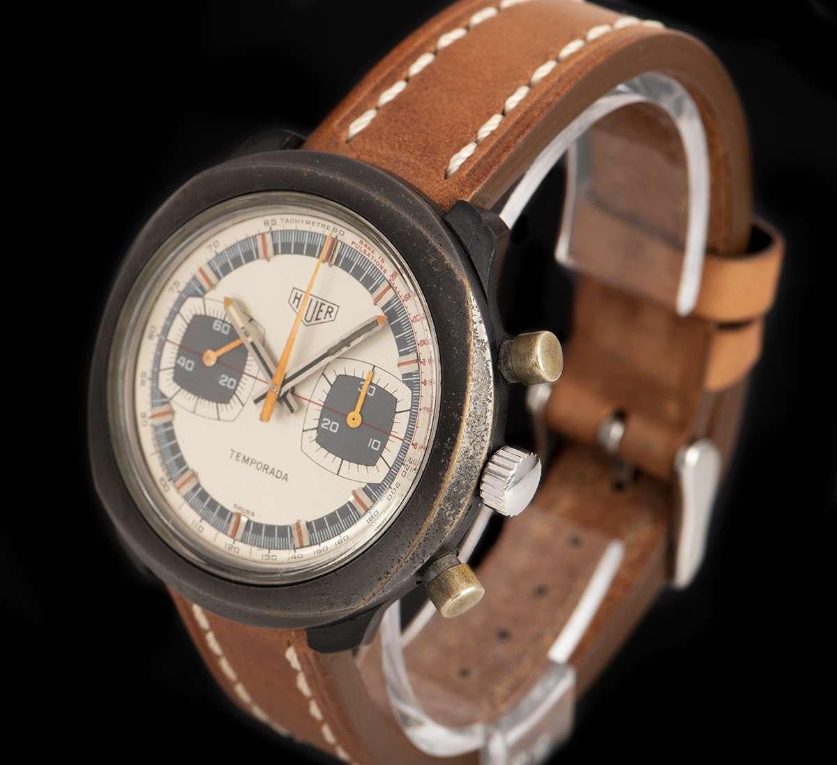 A Plastic Temporada Vintage Men's Wristwatch, silver dial with applied hour markers, 30-minute recorder at 3 0'clock, small seconds at 9 0'clock, a fixed bronze bezel, a brown leather strap (not by Heuer) with a stainless steel pin buckle (not by
