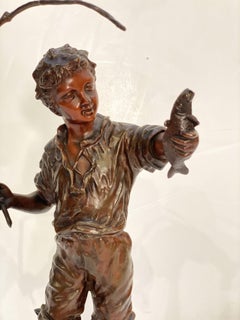 Heureux Pêcheur or Happy Fisherboy Bronze Sculptural Figure by Charles Anfrie