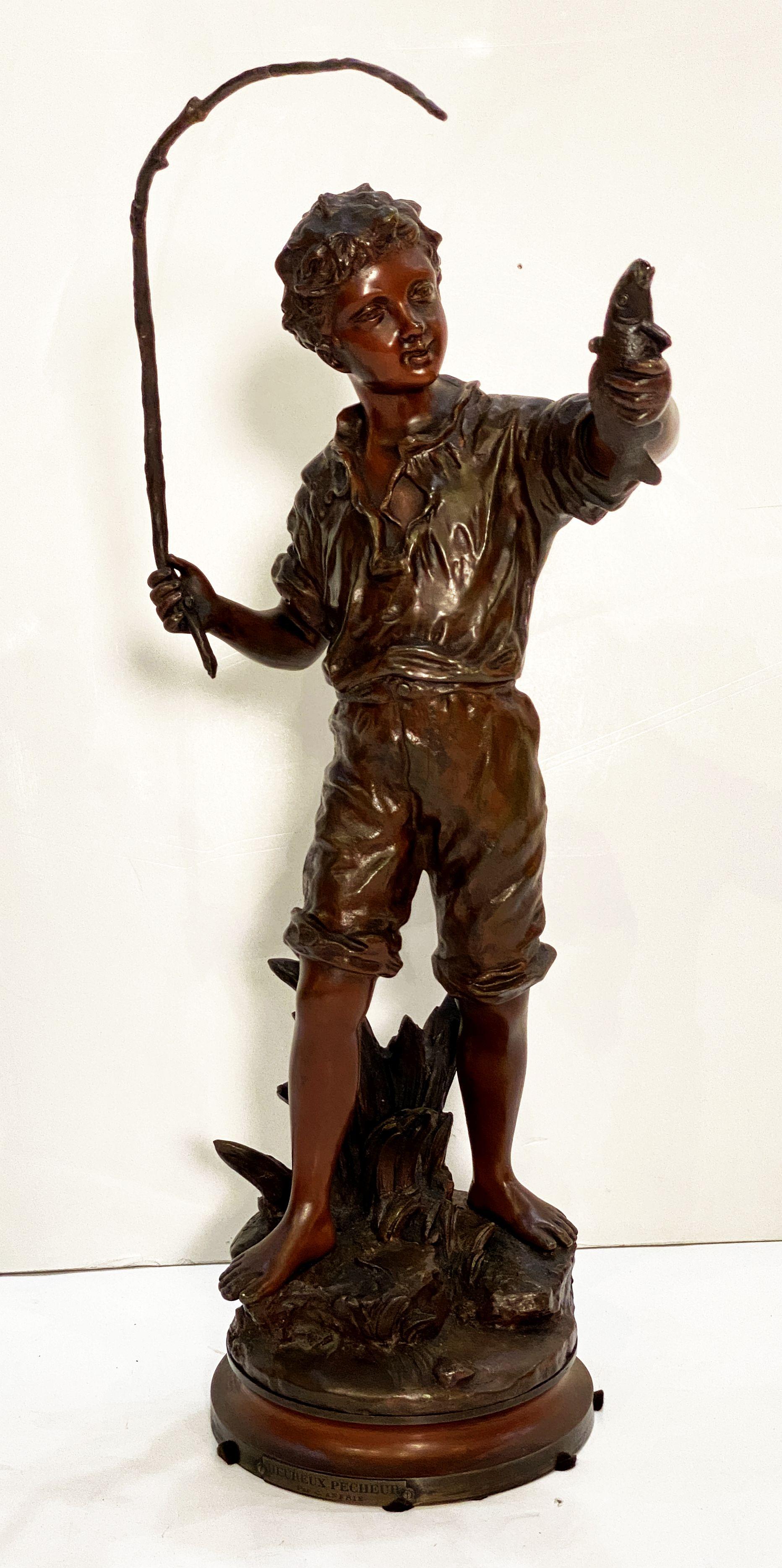 French Heureux Pêcheur or Happy Fisherboy Bronze Sculptural Figure by Charles Anfrie 