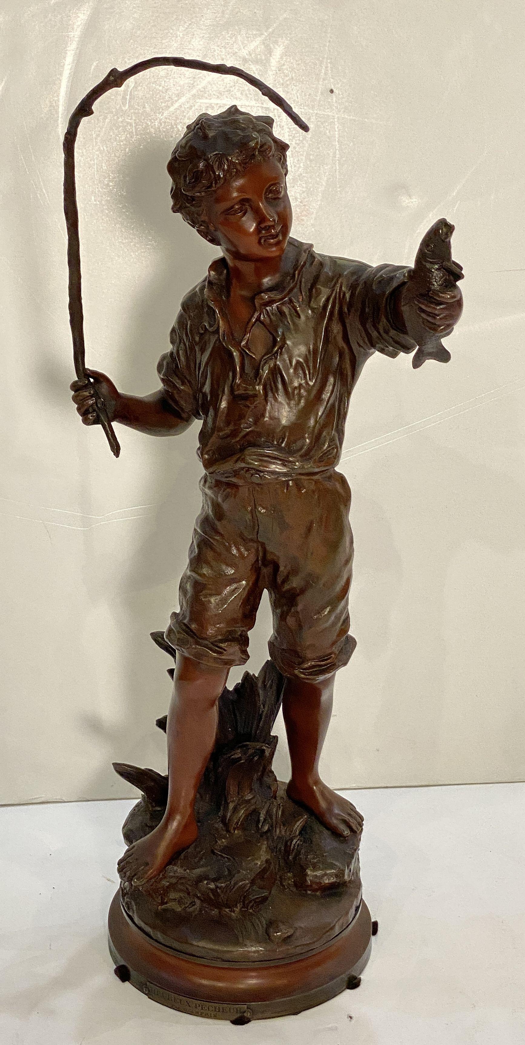 20th Century Heureux Pêcheur or Happy Fisherboy Bronze Sculptural Figure by Charles Anfrie 