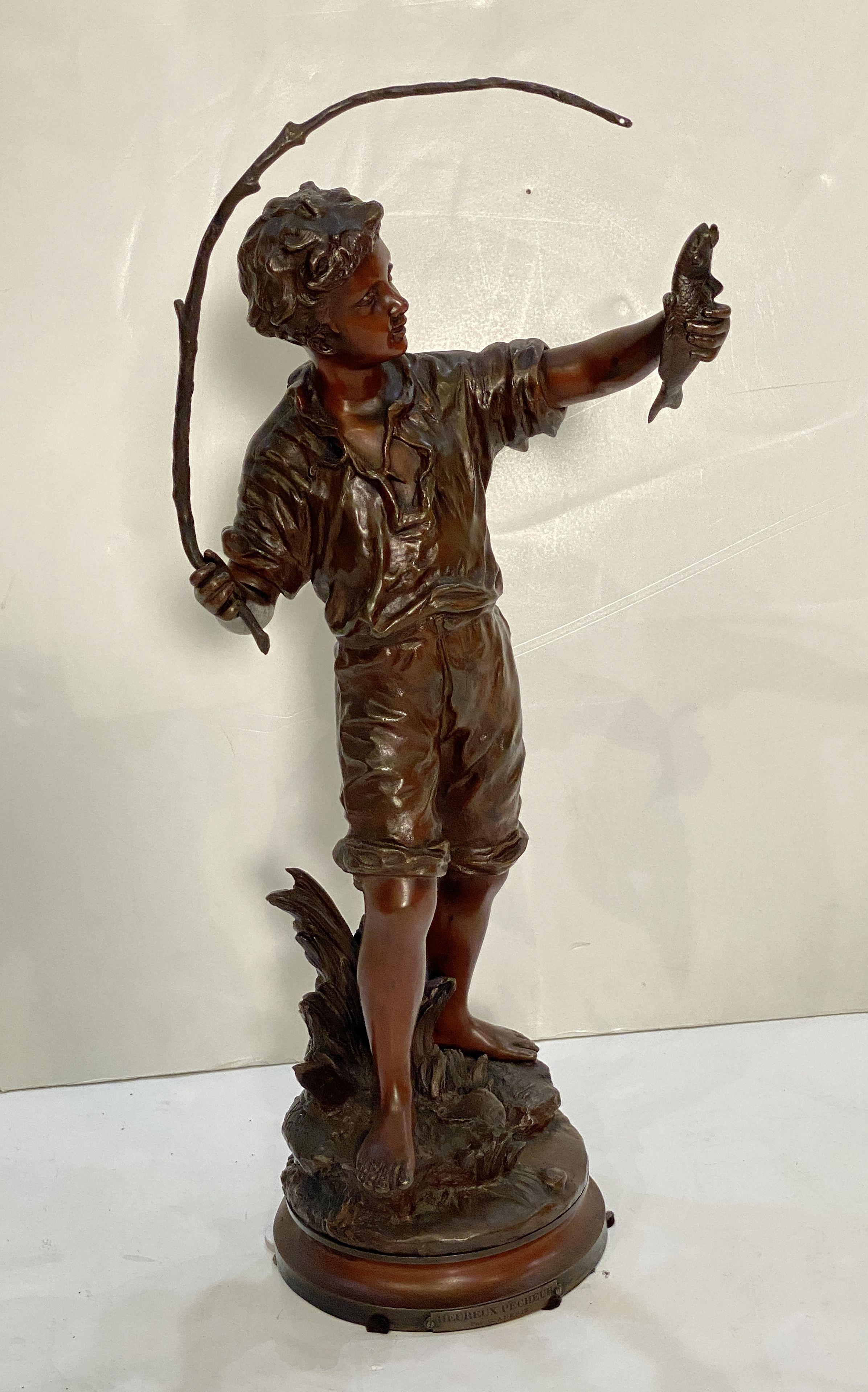 Metal Heureux Pêcheur or Happy Fisherboy Bronze Sculptural Figure by Charles Anfrie 