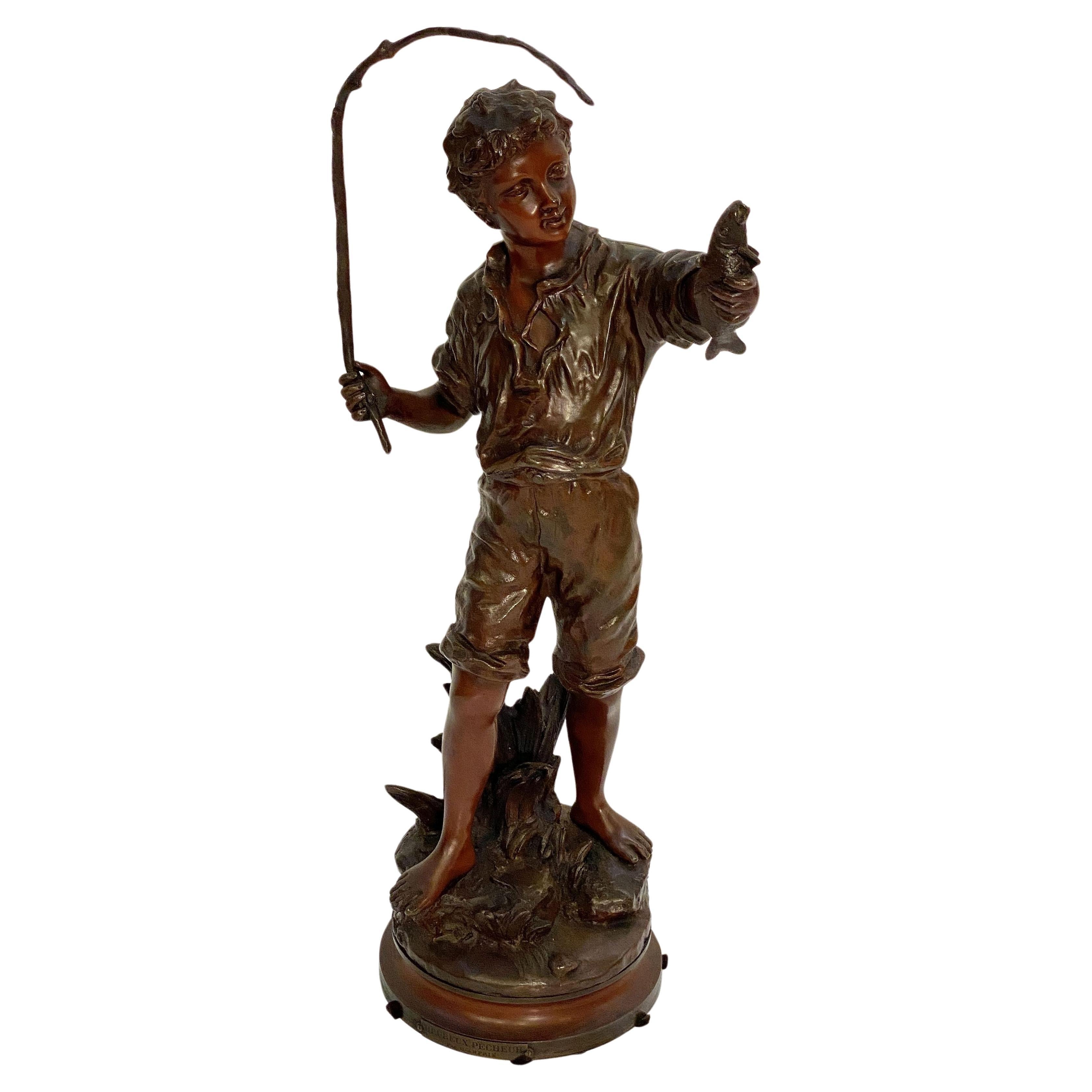 Heureux Pêcheur or Happy Fisherboy Bronze Sculptural Figure by Charles Anfrie 