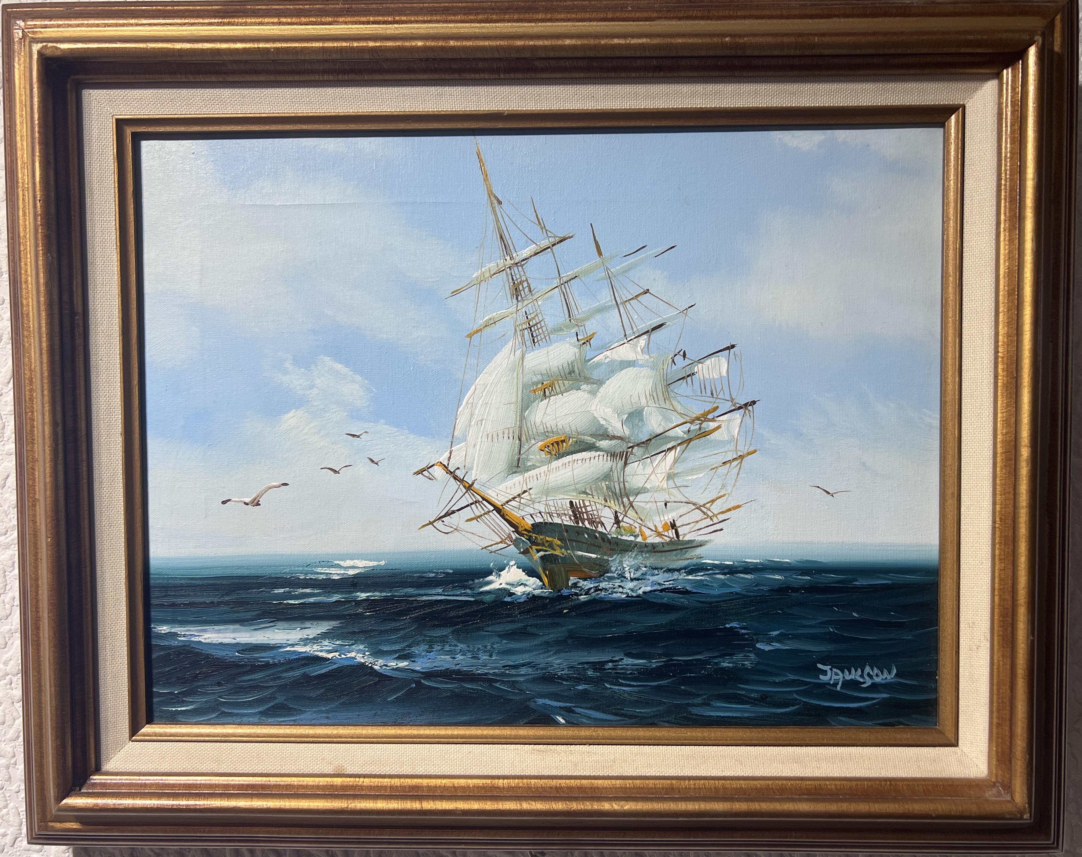 Up for sale is an original oil painting on canvas depicting a sailing ship breaking through the waves leaving a white trace behind,  signed by  Listed Artist Hewett  R. JACKSON (1914-2007) in a lower right corner.
Presented in a nice wood frame with