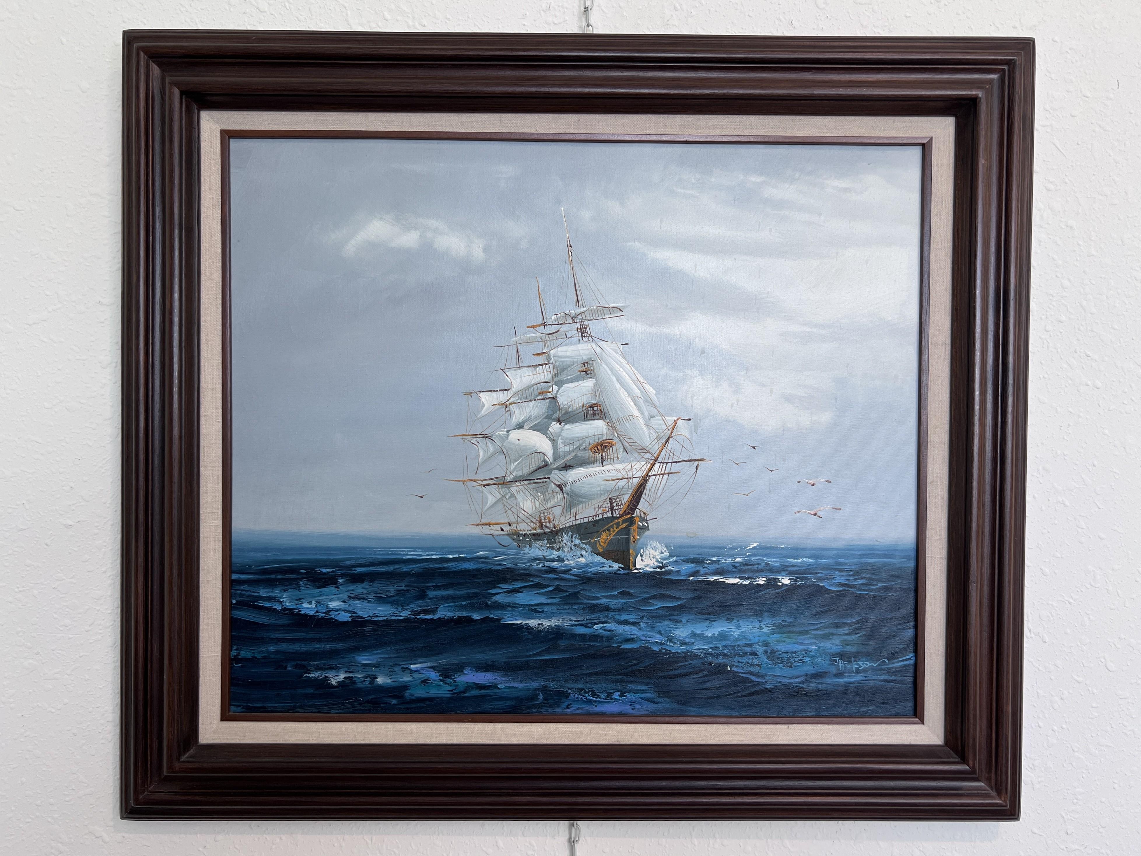 Listed Artist Hewett Jackson Original Oil Painting  Tall Ship Seascape  Framed - Black Landscape Painting by Hewett JACKSON 