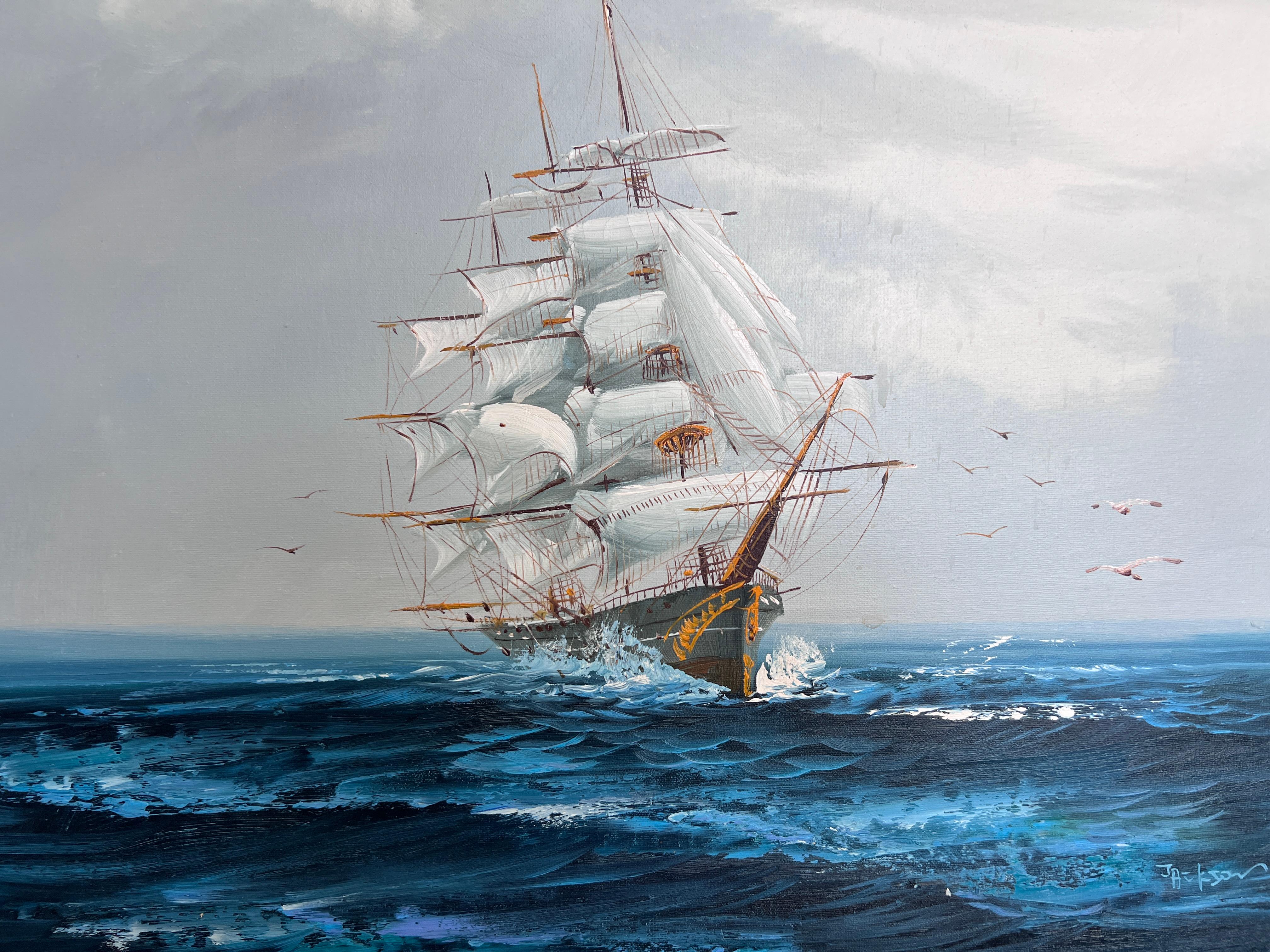 Up for sale is an original oil painting on canvas by listed maritime artist Hewett R. Jackson (1914–2007). This striking nautical scene depicts a majestic tall sailing ship breaking through deep blue waves, leaving a dramatic white wake behind. The