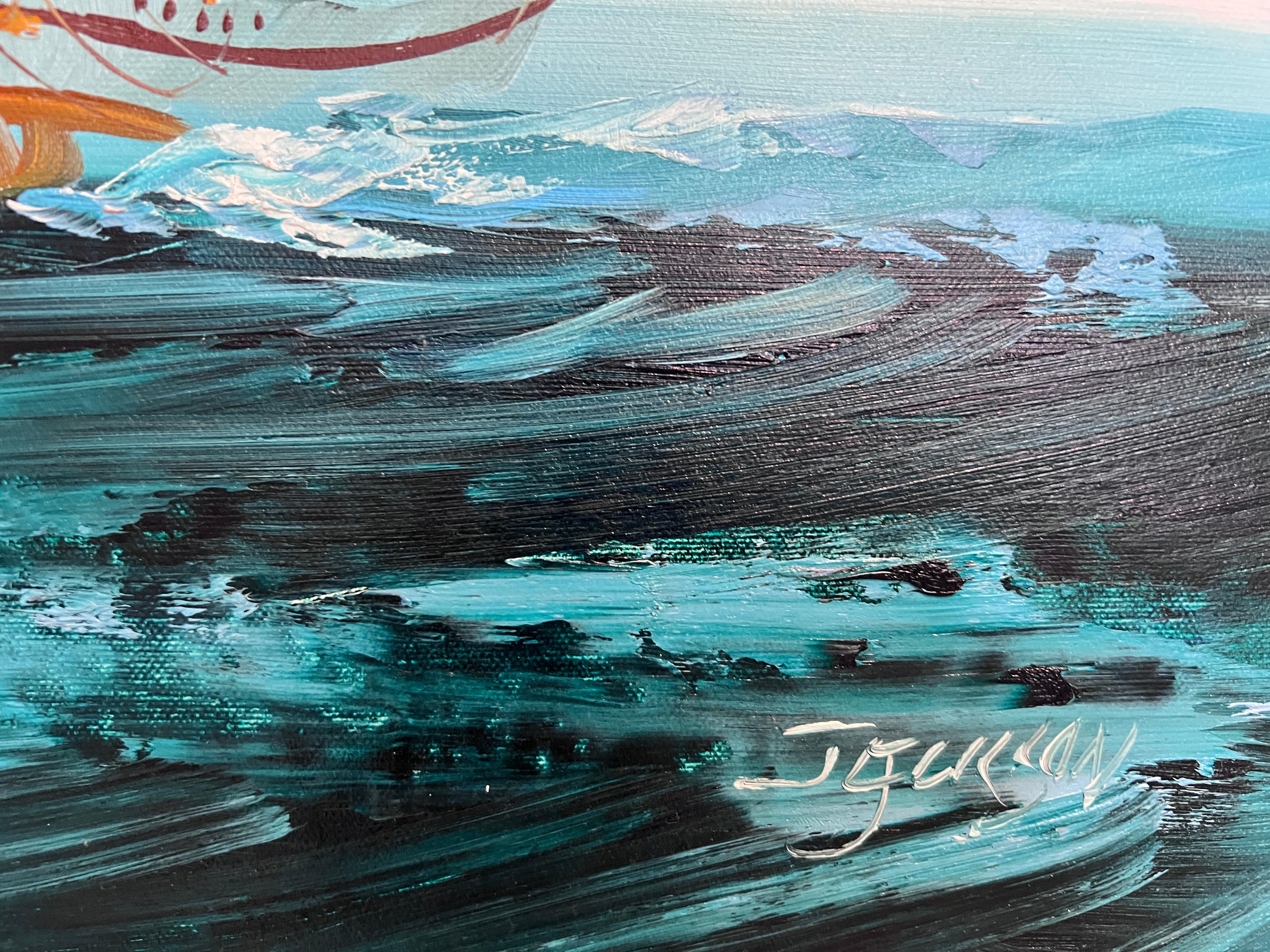 Listado Artista Hewett Jackson Pintura al Óleo Original  Paisaje marino de grandes barcos  Enmarcado en venta 3