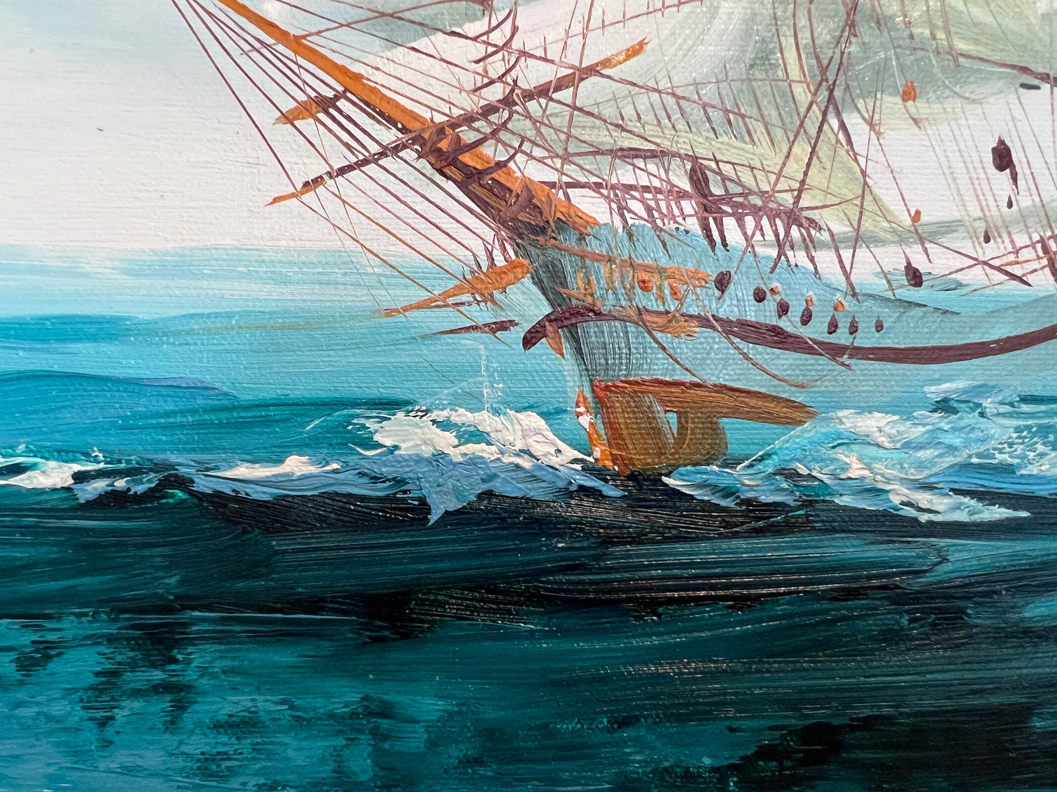 Listado Artista Hewett Jackson Pintura al Óleo Original  Paisaje marino de grandes barcos  Enmarcado en venta 4