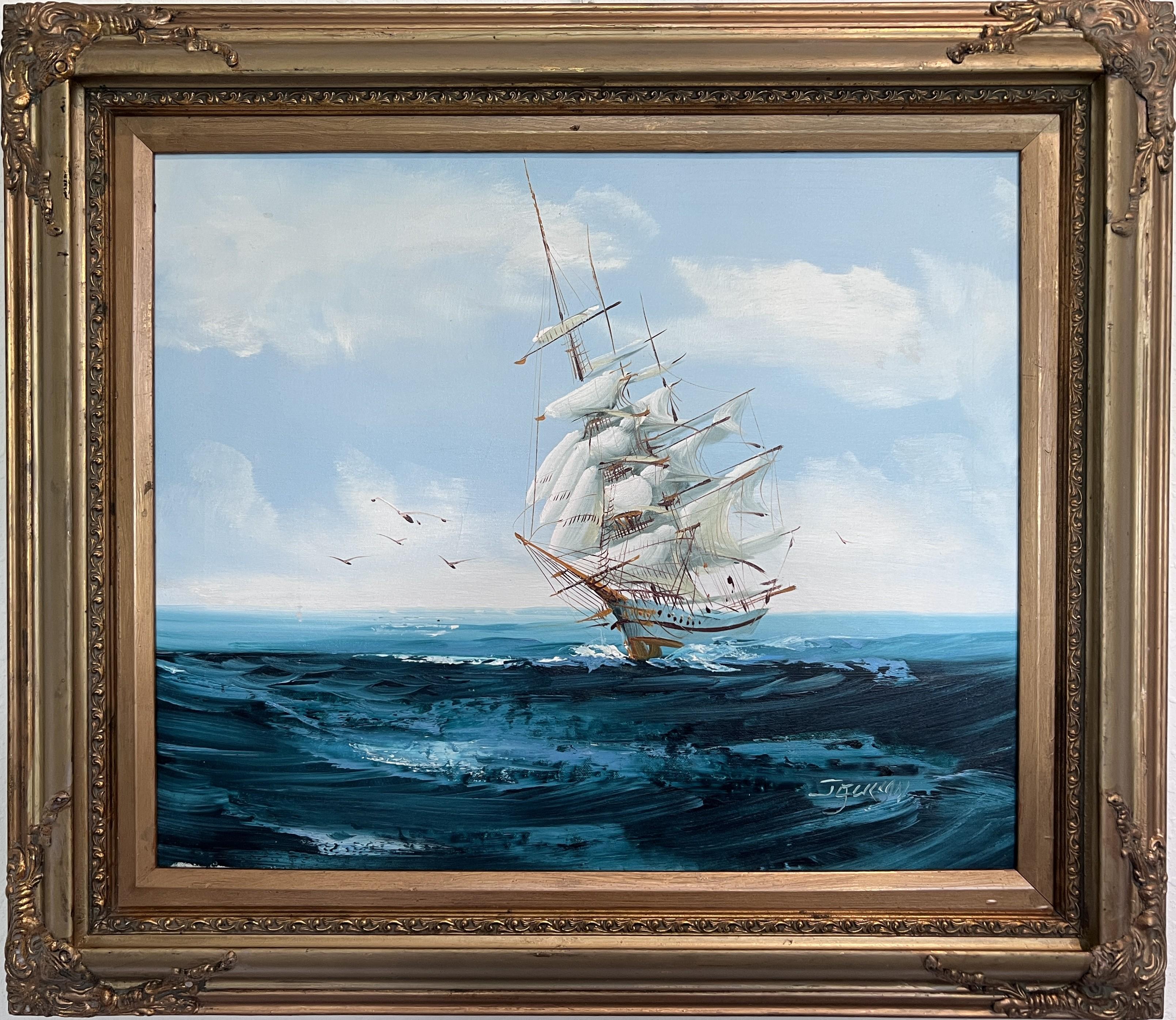 Landscape Painting de Hewett JACKSON  - Listado Artista Hewett Jackson Pintura al Óleo Original  Paisaje marino de grandes barcos  Enmarcado