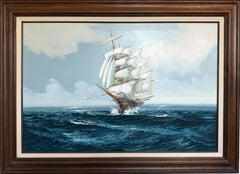 Artista quotato Hewett Jackson Pittura ad olio originale  Paesaggio marino con nave alta  Incorniciato