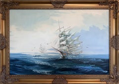 Listed Artist Hewett Jackson Original Oil Painting  Paysage marin de grands voiliers  Encadré