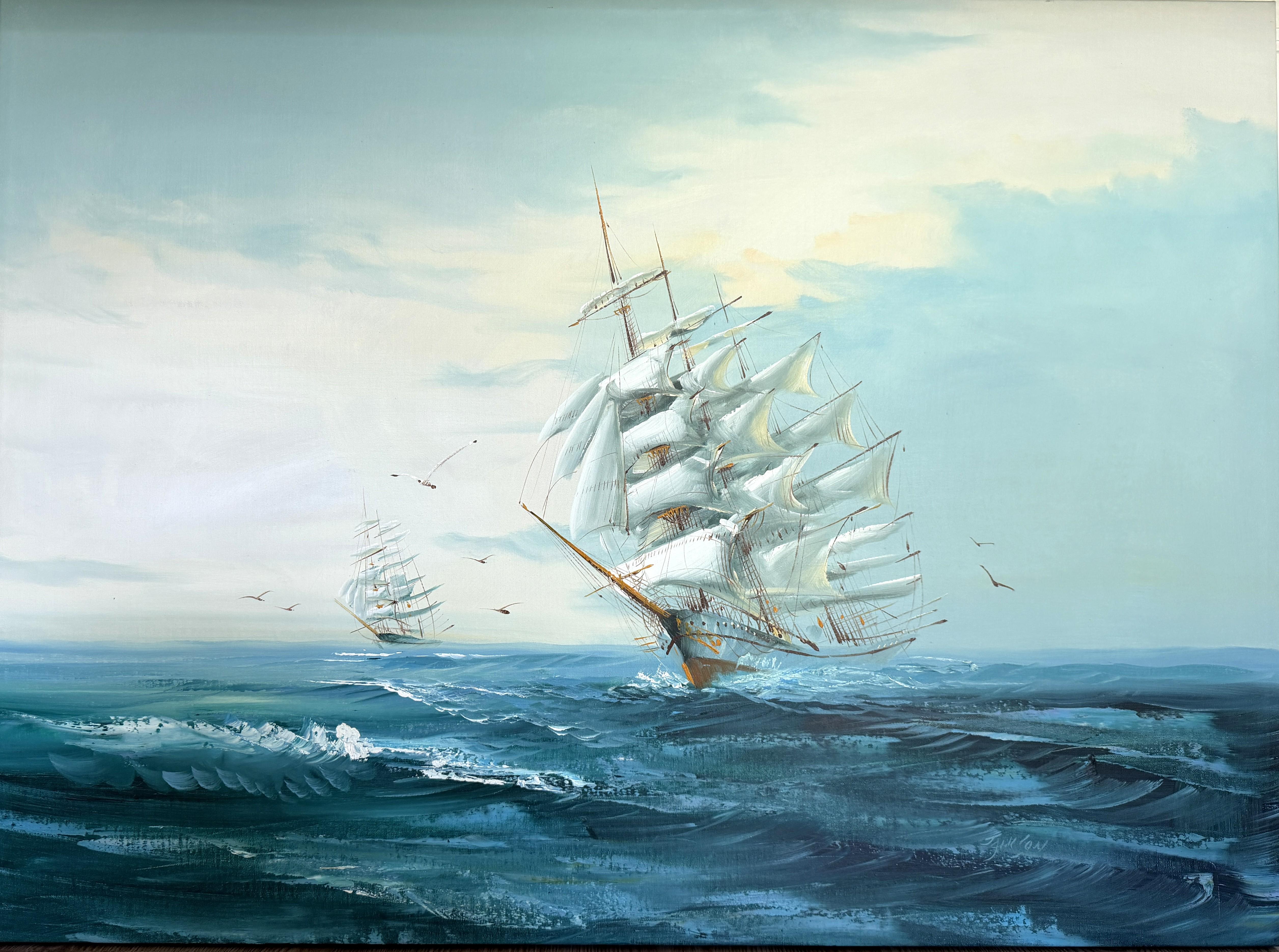 Artista quotato Hewett Jackson Pittura ad olio originale  Paesaggio marino con nave alta  Grande