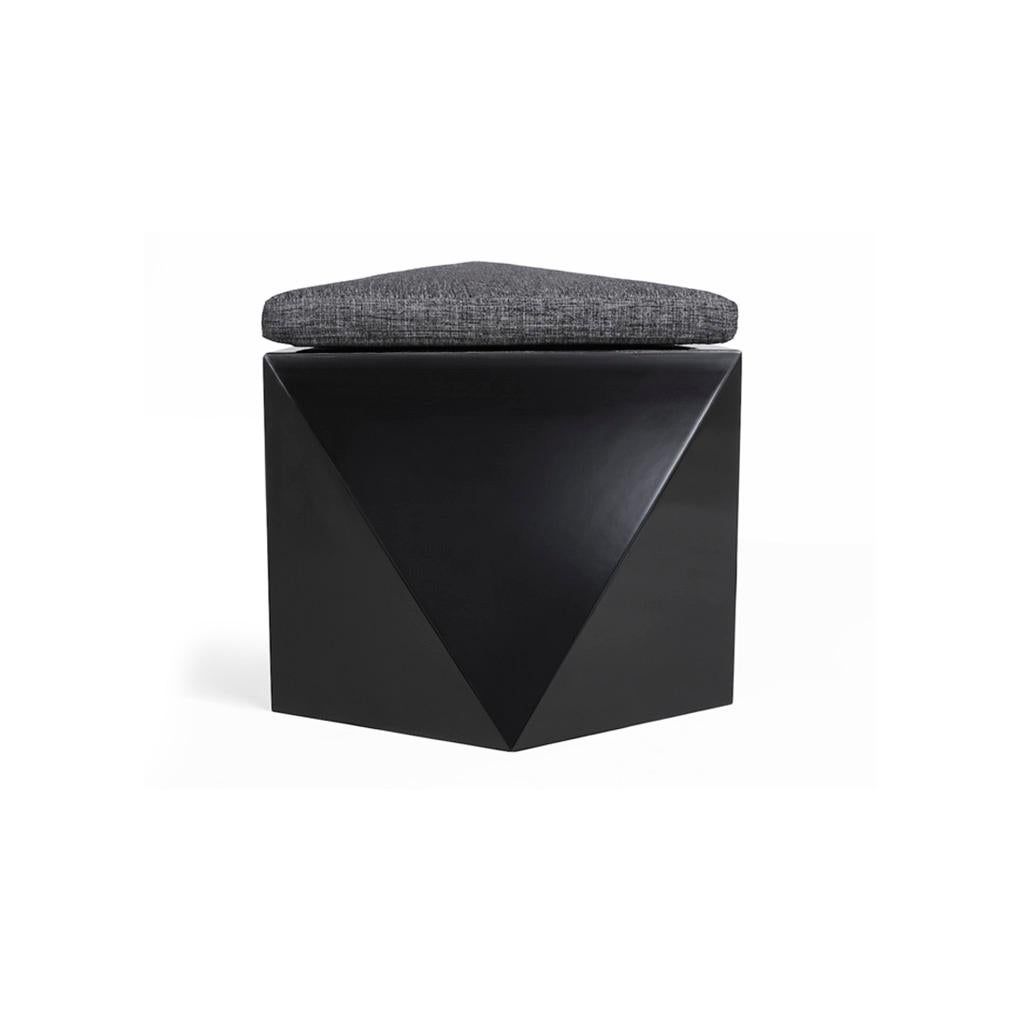 Italian Hex No.2 Modern and Futuristic Ottoman, Wood with Fabric Top Stool-Black Pouf For Sale