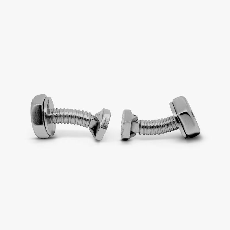 Hex Nut and Bolt Cufflinks in Black Rhodium Plated Sterling Silver

From the tool box to black tie, the nut and bolt concept has been redesigned, into a black rhodium plated sterling silver cufflink. Masculine and minimalistic, each cufflink