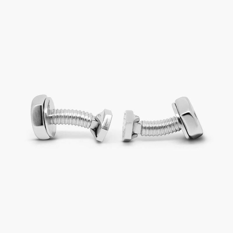 Hex Nut and Bolt Cufflinks in Sterling Silver

From the tool box to black tie, the nut and bolt concept has been redesigned, into a rhodium plated sterling silver cufflink. Masculine and minimalistic, each cufflink features a rotating hex nut head,