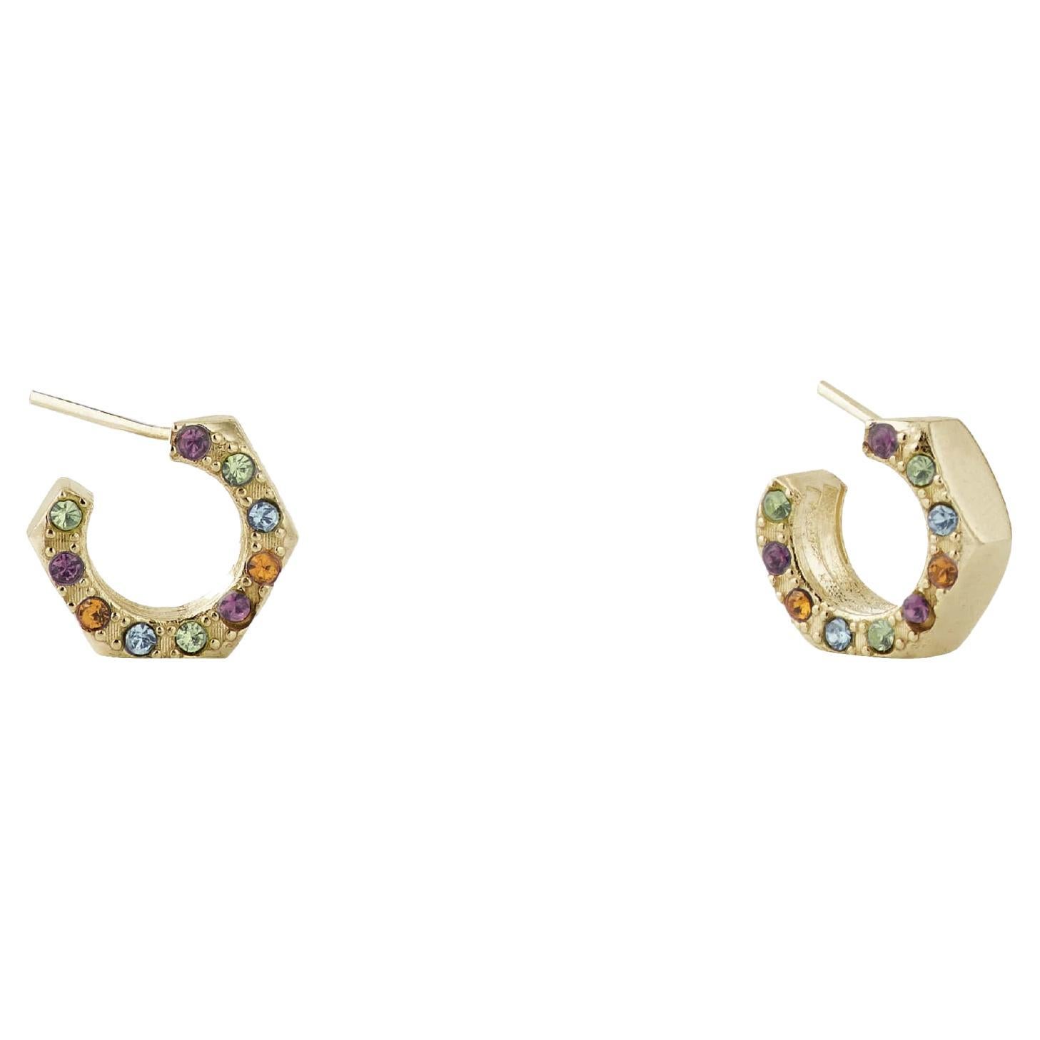 Hex Nut Shaped Gold Plated Earrings with Multicolor Zirconia Stones on One Side For Sale