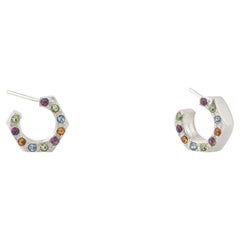 Hex Nut Shaped Silver Earrings with Multicolor Zirconia Stones on One Side